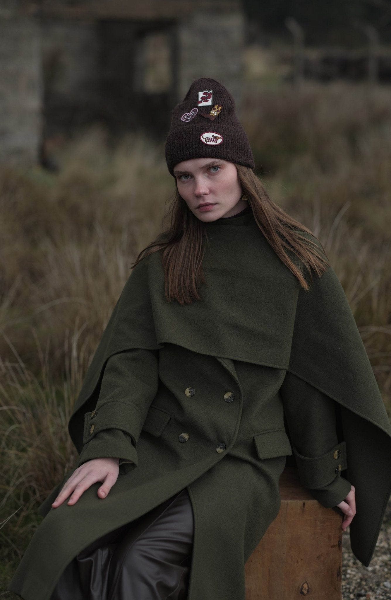 Oversize Atkılı Haki Kaşmir Kaban - Fatma Atasoy