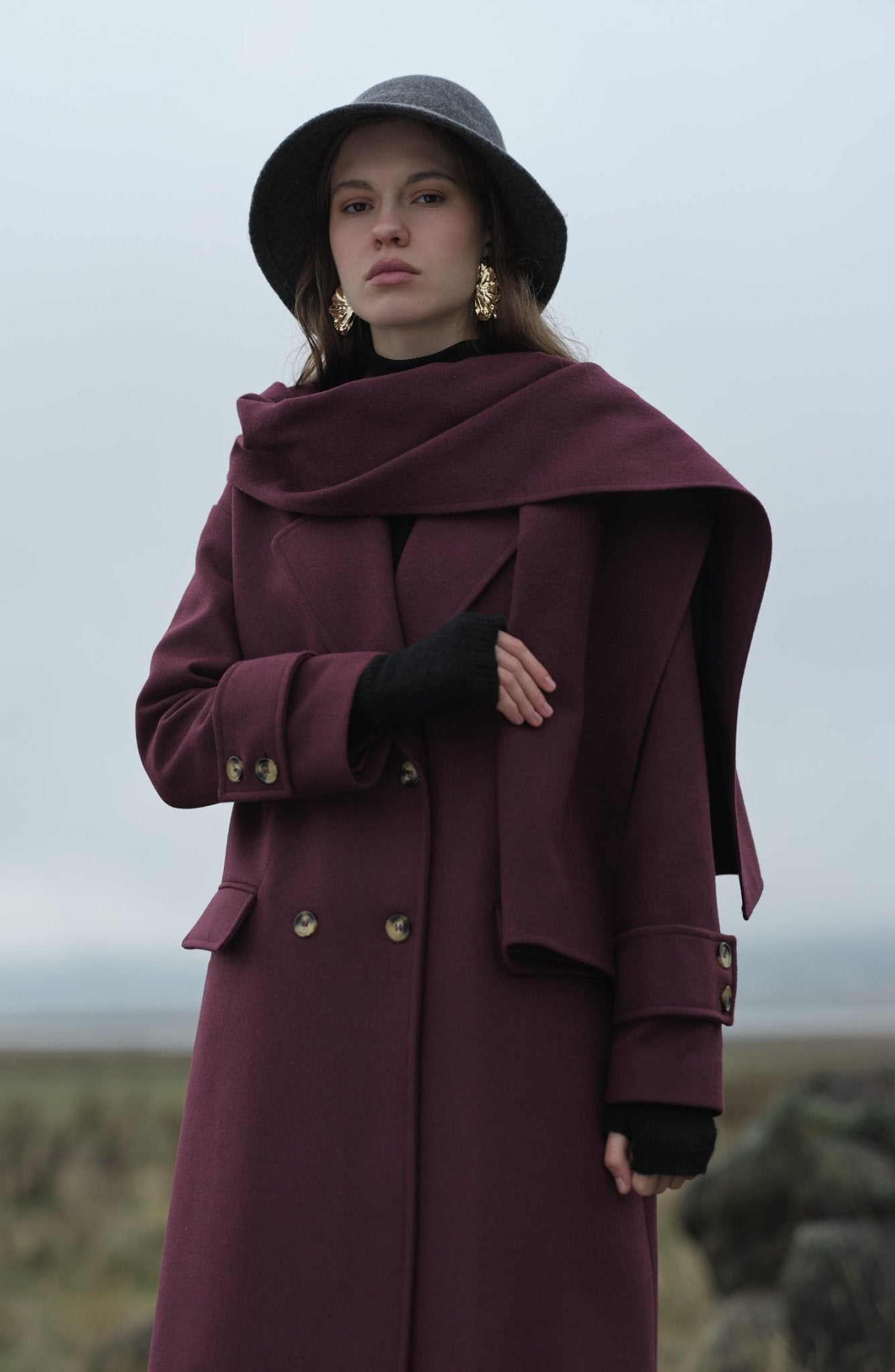 Oversize Atkılı Vişne Kaşmir Kaban - Fatma Atasoy