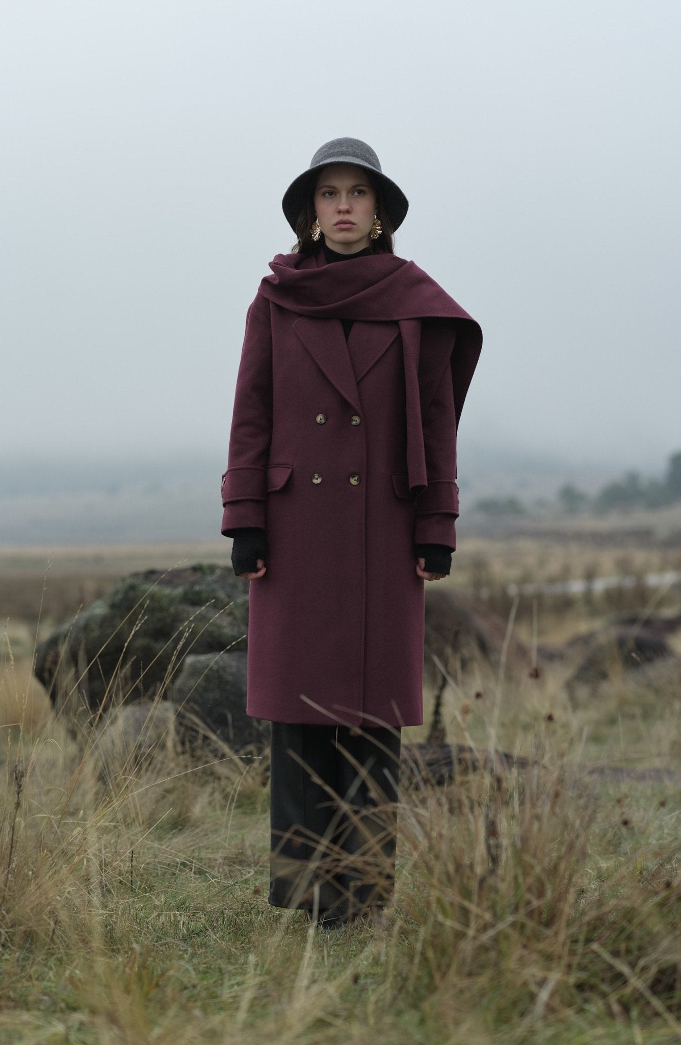 Oversize Atkılı Vişne Kaşmir Kaban - Fatma Atasoy