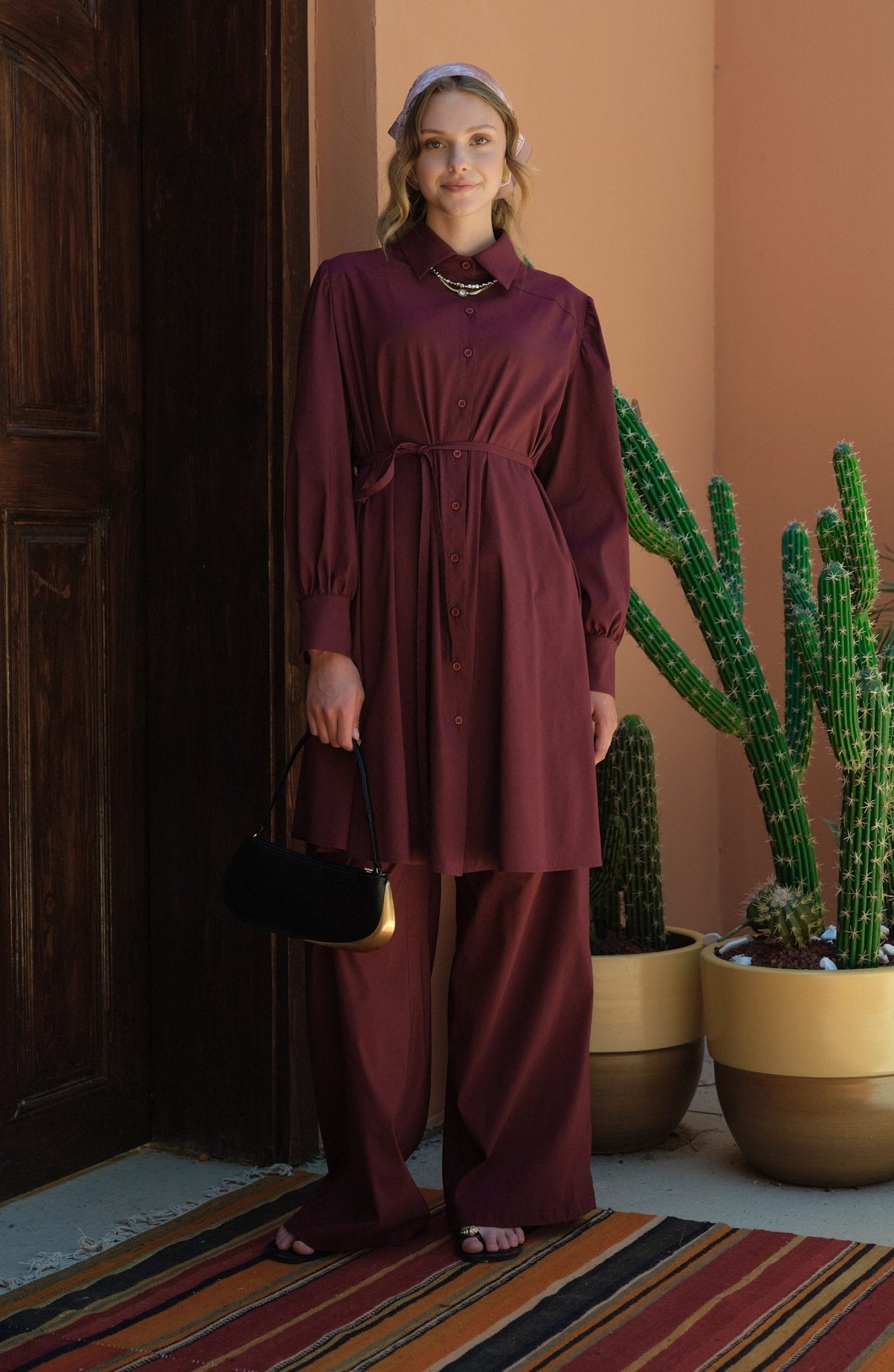 Oversize Bağlamalı Vişne Pamuk Gömlek - Fatma Atasoy