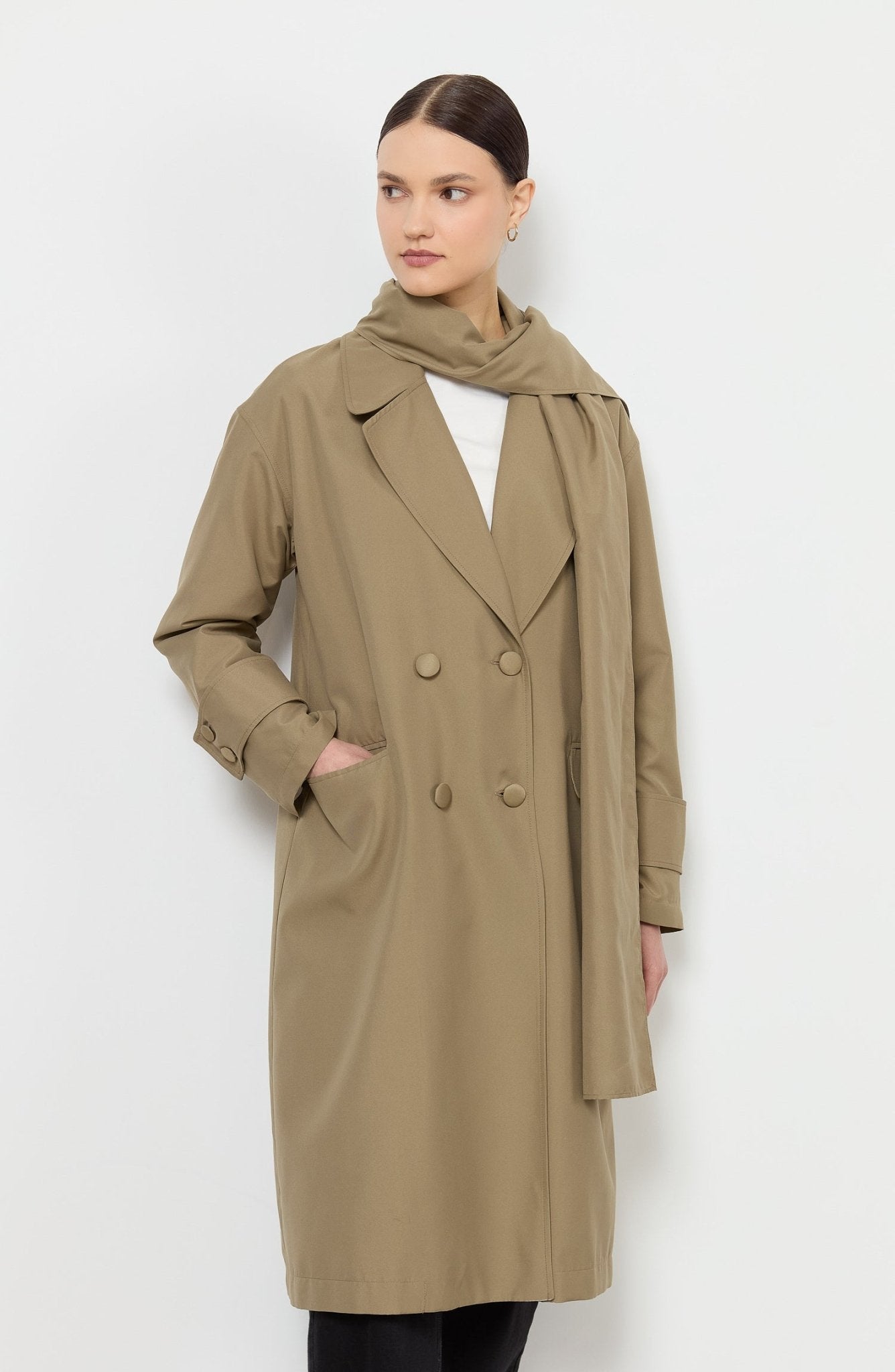 Oversize Haki Atkılı Trençkot - Fatma Atasoy