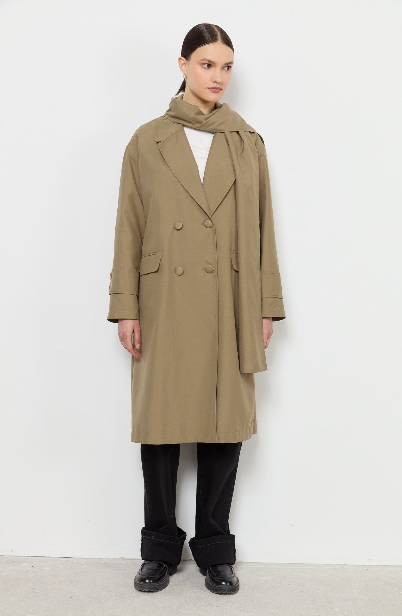 Oversize Haki Atkılı Trençkot - Fatma Atasoy