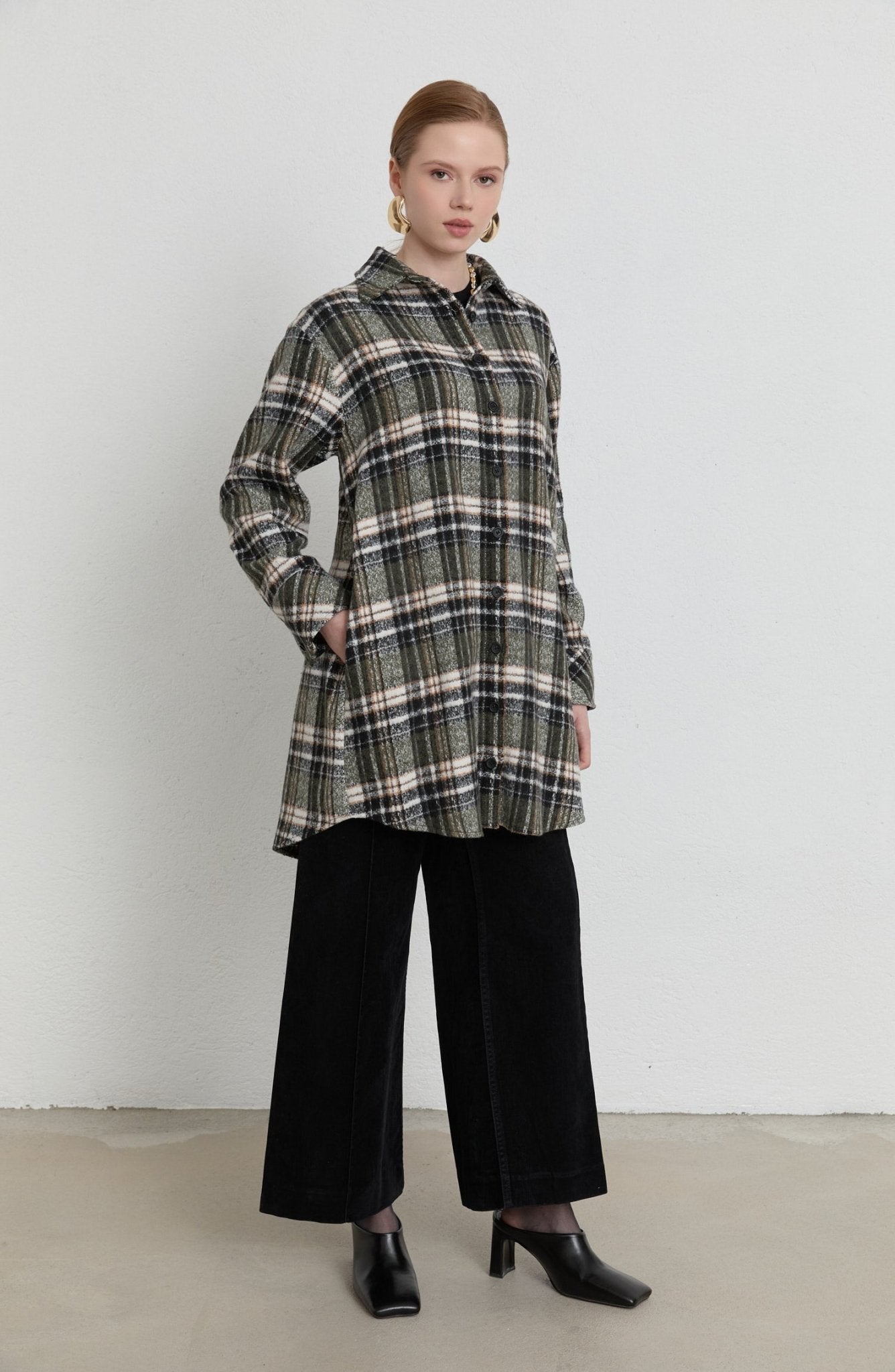 Oversize Haki Ekose Kaşe Gömlek Ceket - Fatma Atasoy