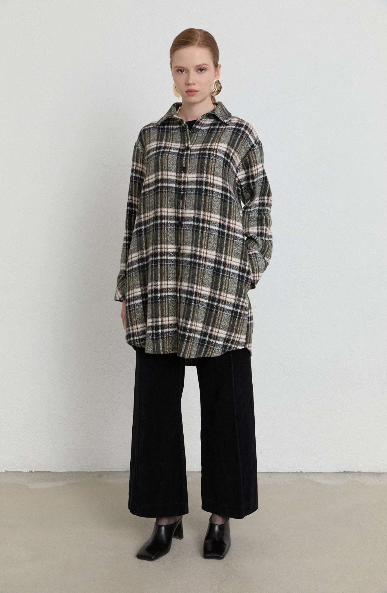 Oversize Haki Ekose Kaşe Gömlek Ceket - Fatma Atasoy