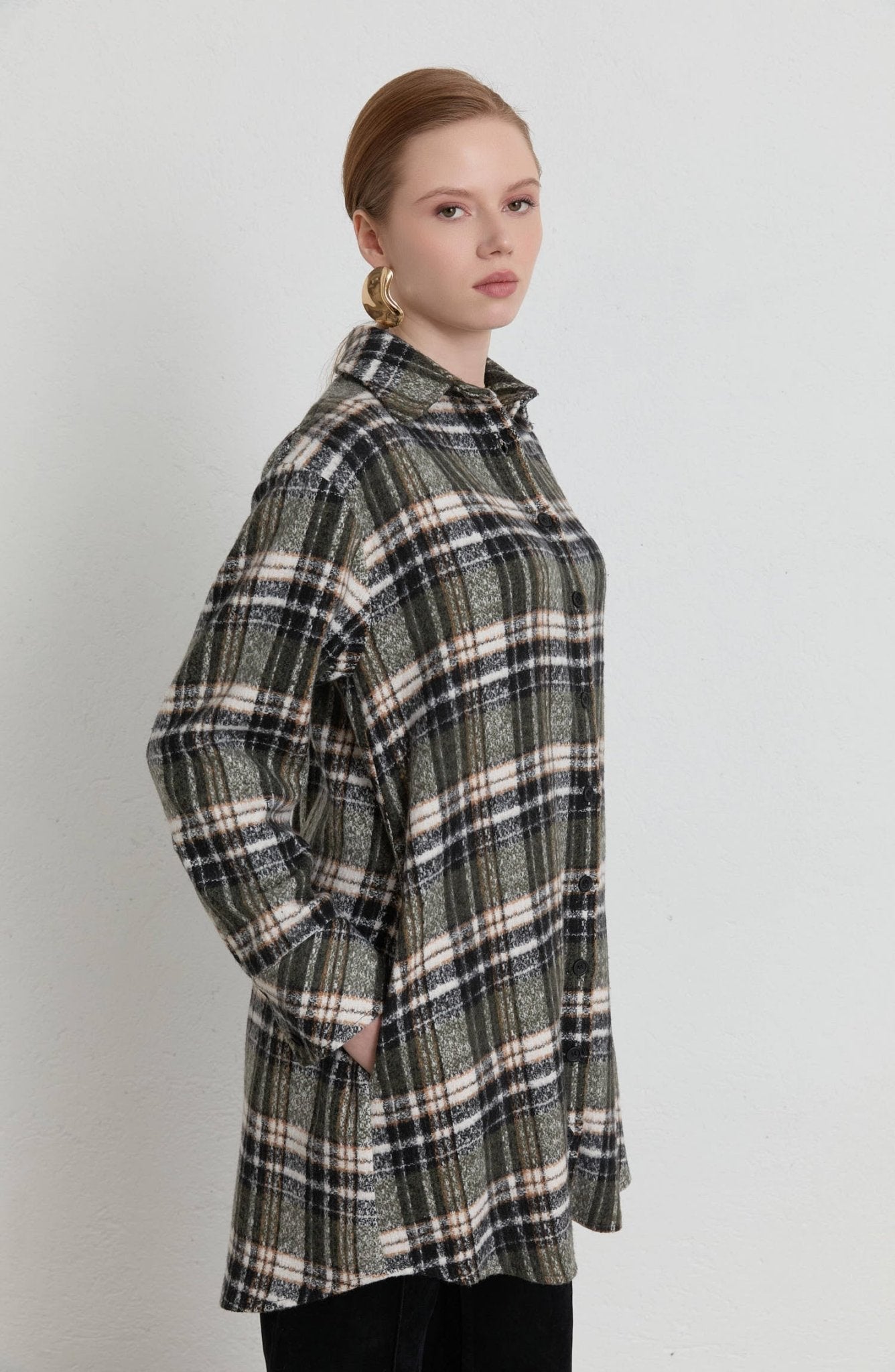 Oversize Haki Ekose Kaşe Gömlek Ceket - Fatma Atasoy