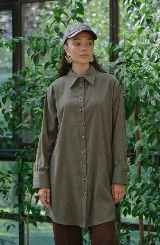 Oversize Haki Kadife Gömlek Ceket - Fatma Atasoy