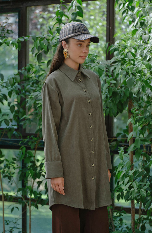 Oversize Haki Kadife Gömlek Ceket - Fatma Atasoy