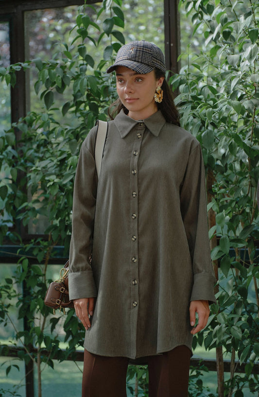 Oversize Haki Kadife Gömlek Ceket - Fatma Atasoy