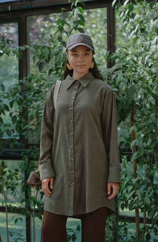 Oversize Haki Kadife Gömlek Ceket - Fatma Atasoy