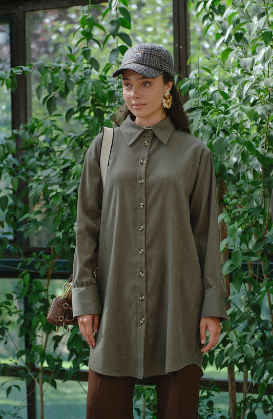 Oversize Haki Kadife Gömlek Ceket - Fatma Atasoy