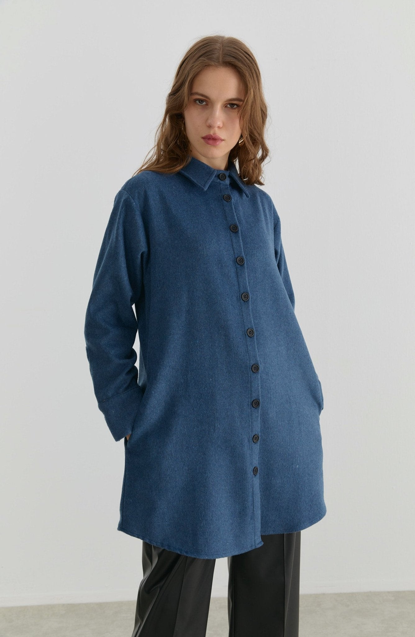 Oversize İndigo Kaşe Gömlek Ceket - Fatma Atasoy
