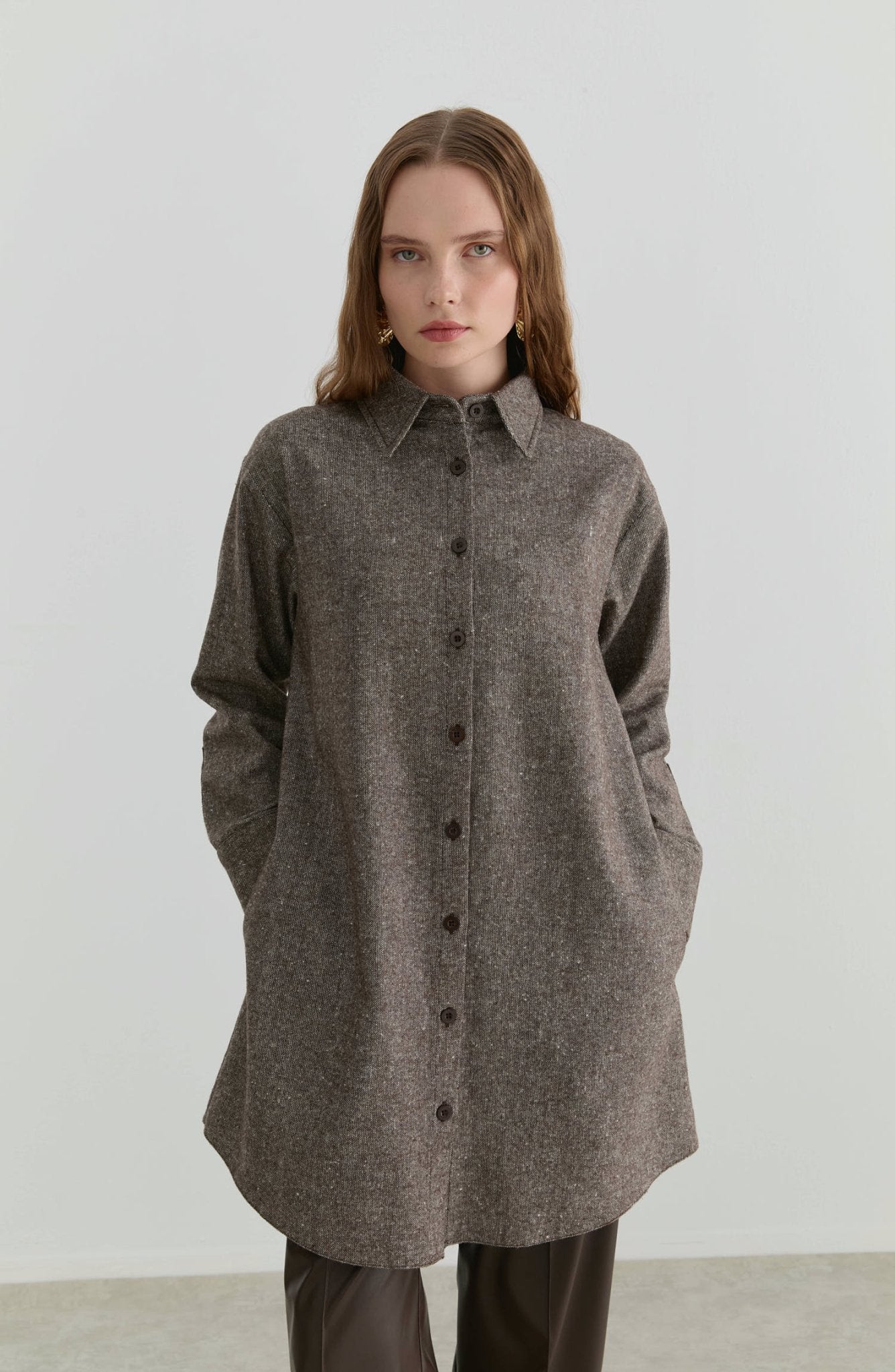 Oversize Kahverengi Tüvit Gömlek Ceket - Fatma Atasoy