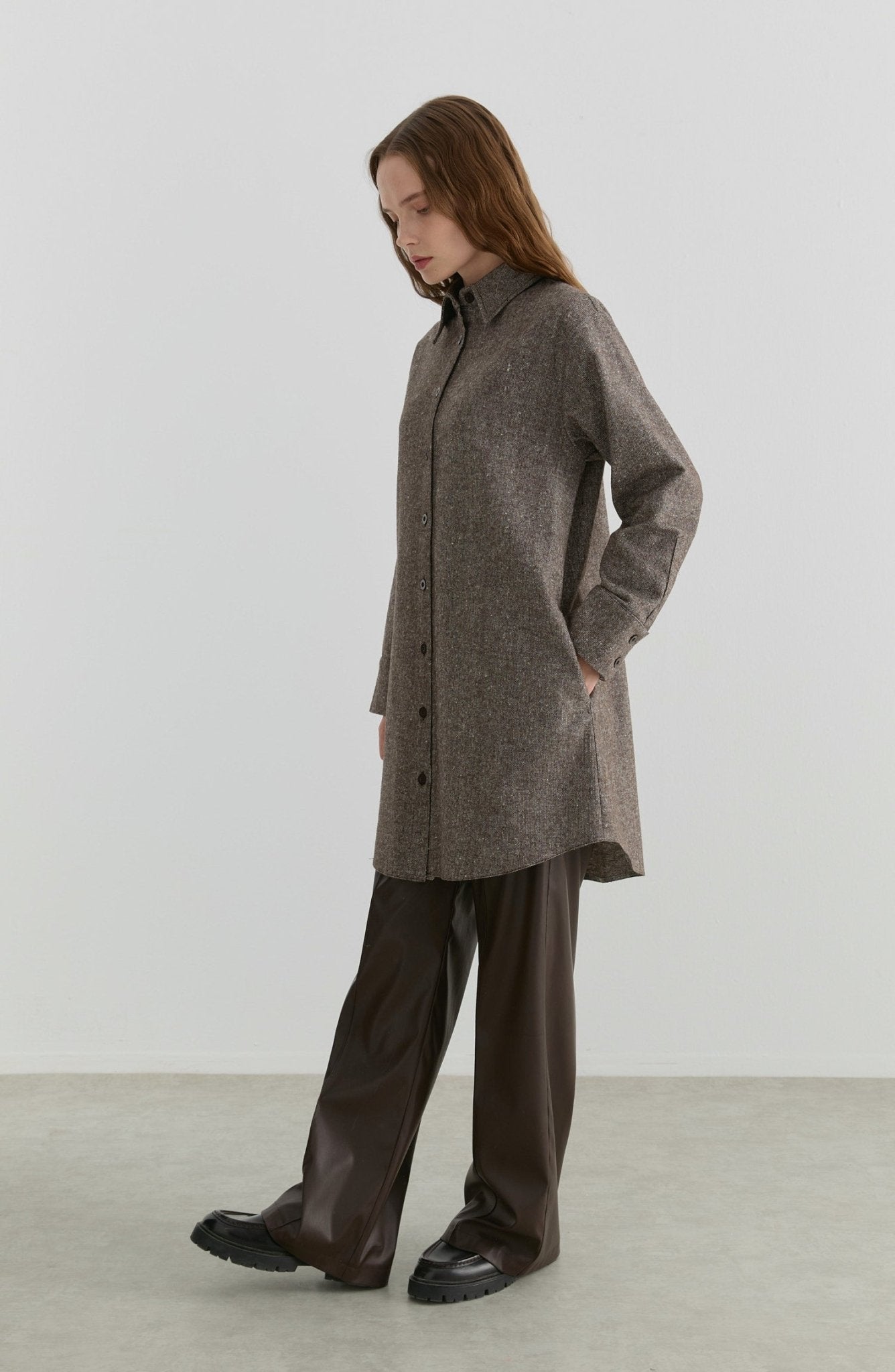 Oversize Kahverengi Tüvit Gömlek Ceket - Fatma Atasoy