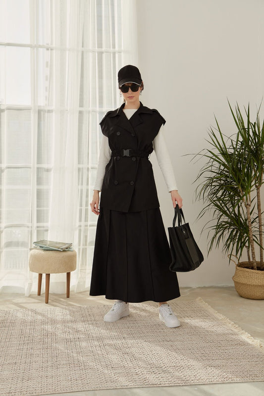 Oversize Kemerli Midi Yelek Siyah - Fatma Atasoy
