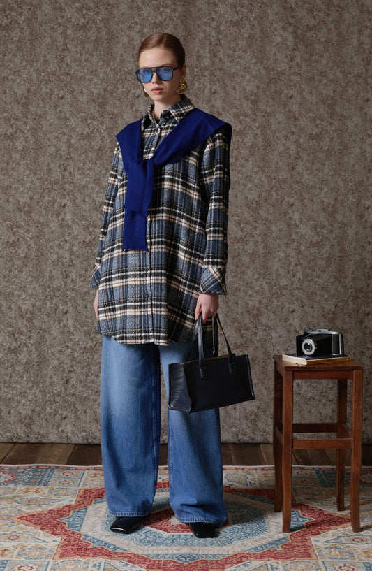 Oversize Lacivert Ekose Kaşe Gömlek Ceket - Fatma Atasoy