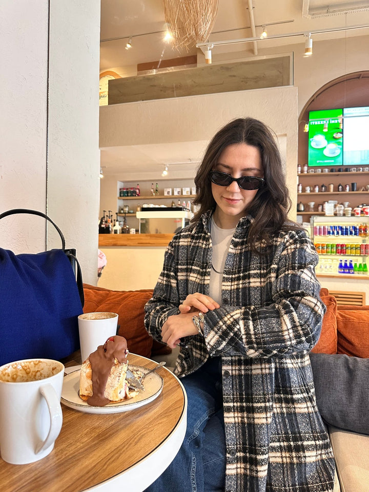 Oversize Lacivert Ekose Kaşe Gömlek Ceket - Fatma Atasoy