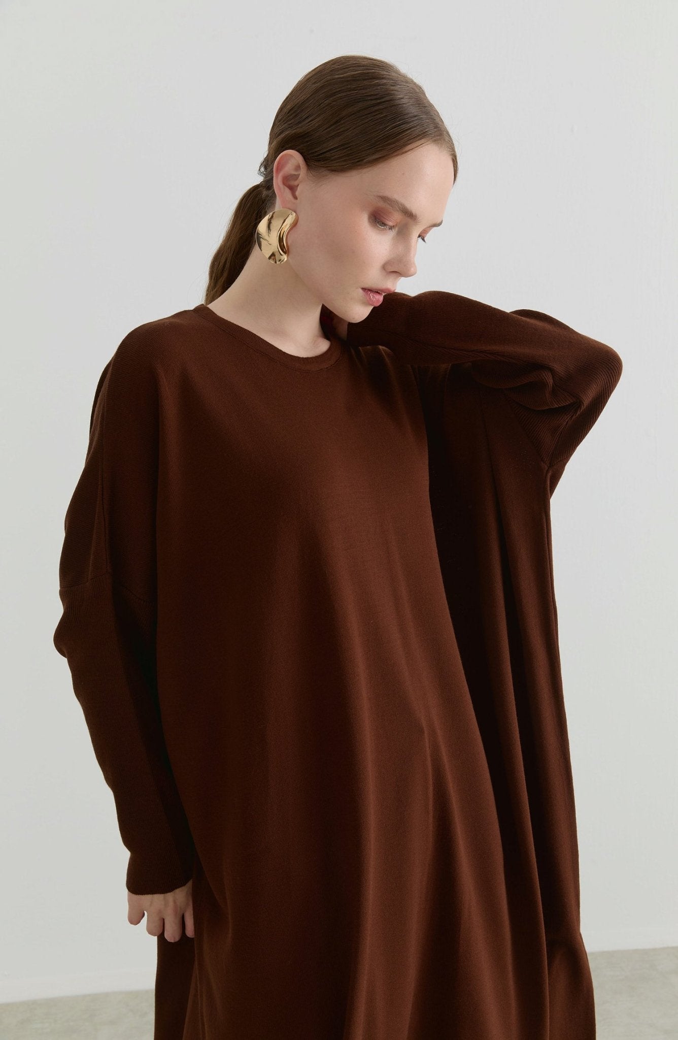 Oversize Maksi Kahverengi Triko Tunik - Fatma Atasoy