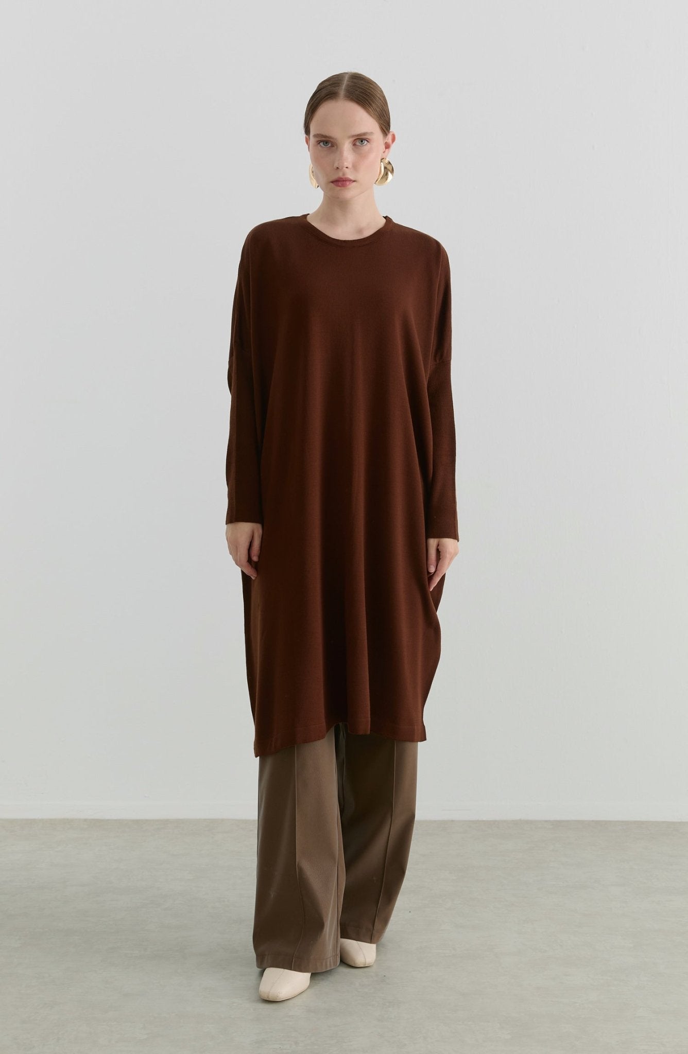 Oversize Maksi Kahverengi Triko Tunik - Fatma Atasoy