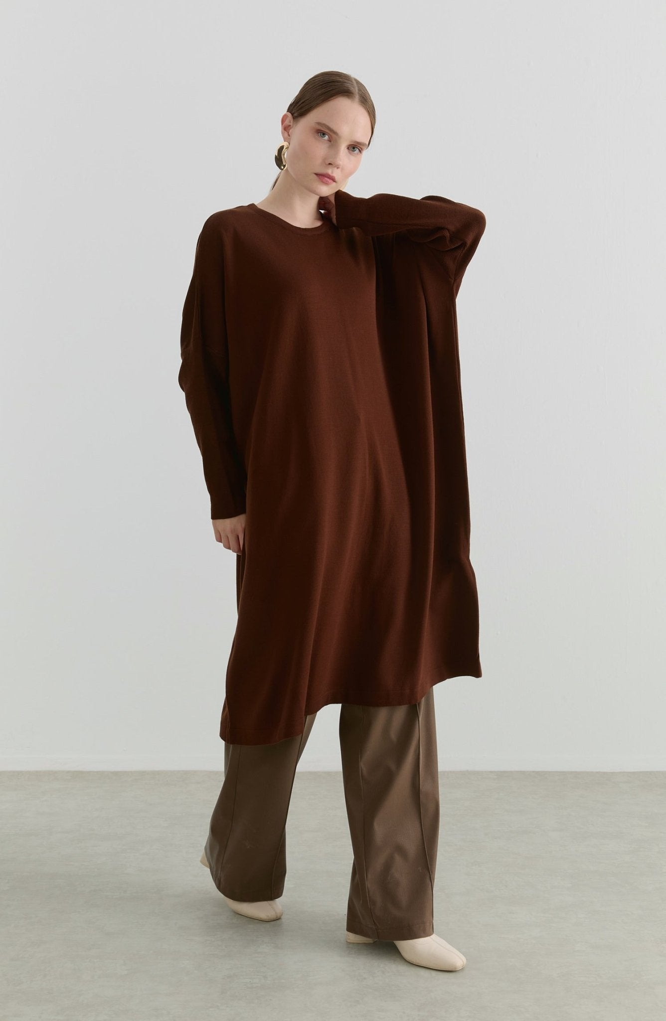 Oversize Maksi Kahverengi Triko Tunik - Fatma Atasoy