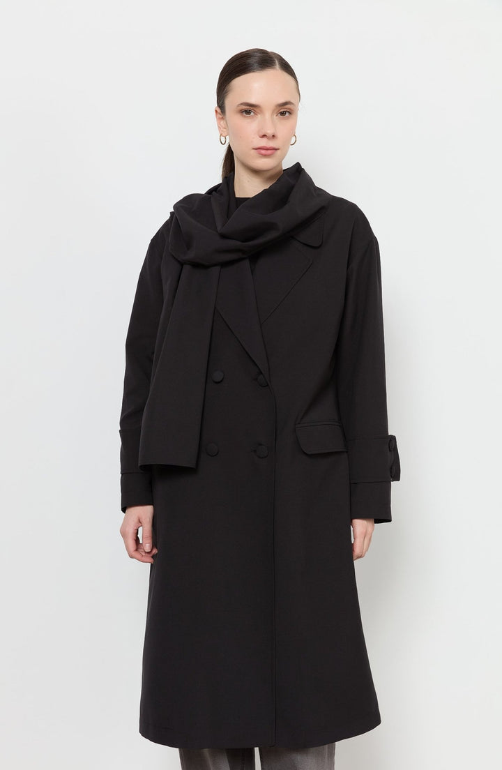 Oversize Siyah Atkılı Trençkot - Fatma Atasoy