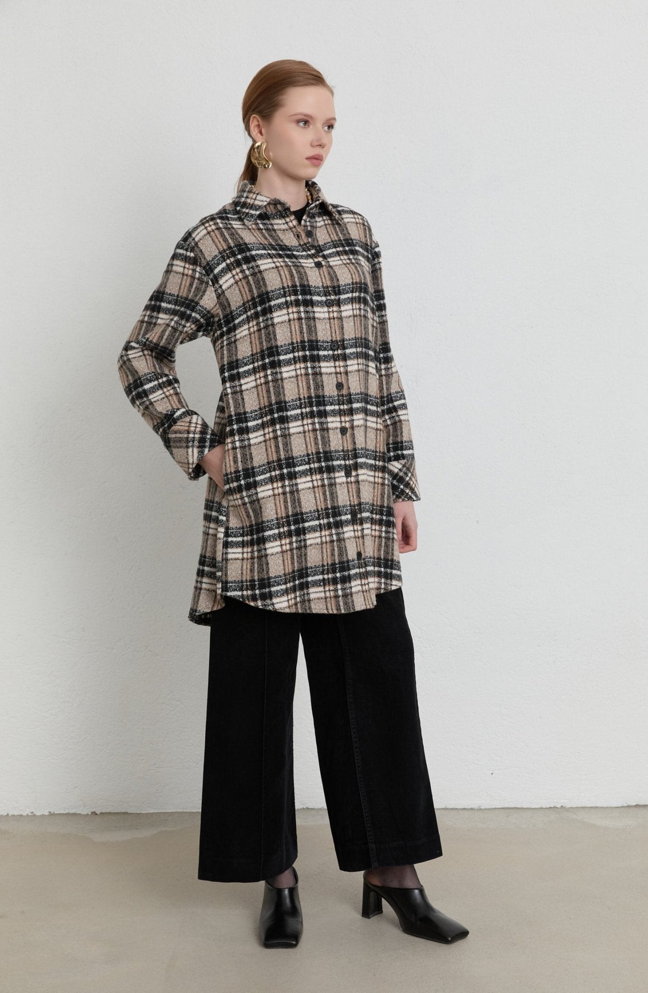 Oversize Taş Ekose Kaşe Gömlek Ceket - Fatma Atasoy