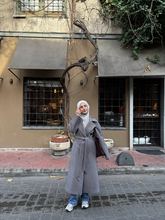 Oversize Tay Tüyü Gri Basic Kaban - Fatma Atasoy