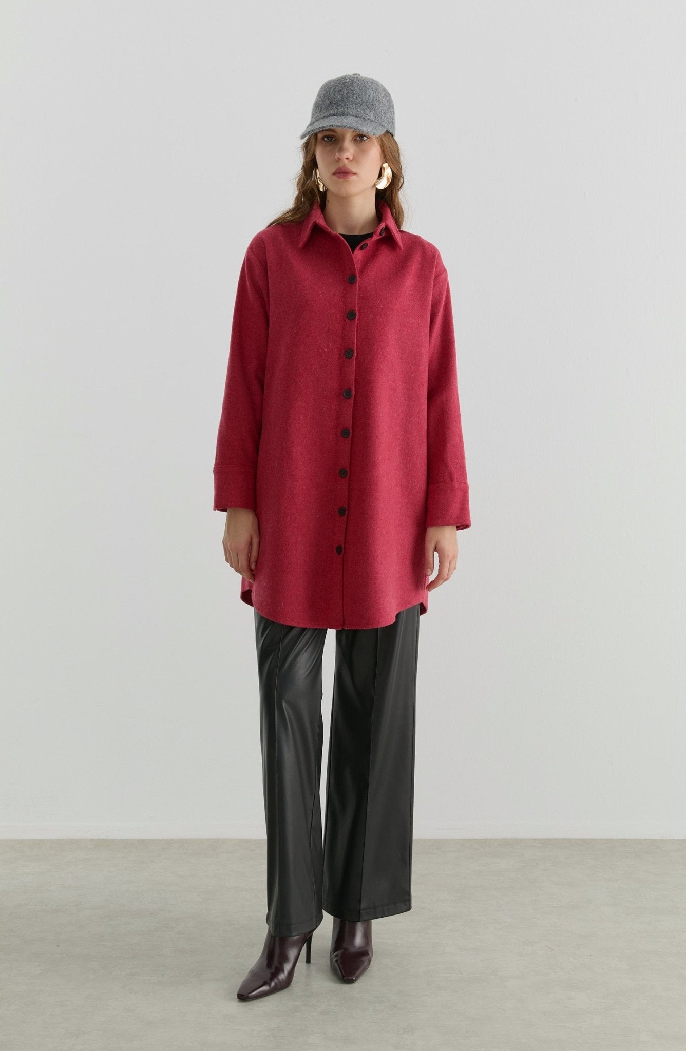 Oversize Vişne Kaşe Gömlek Ceket - Fatma Atasoy