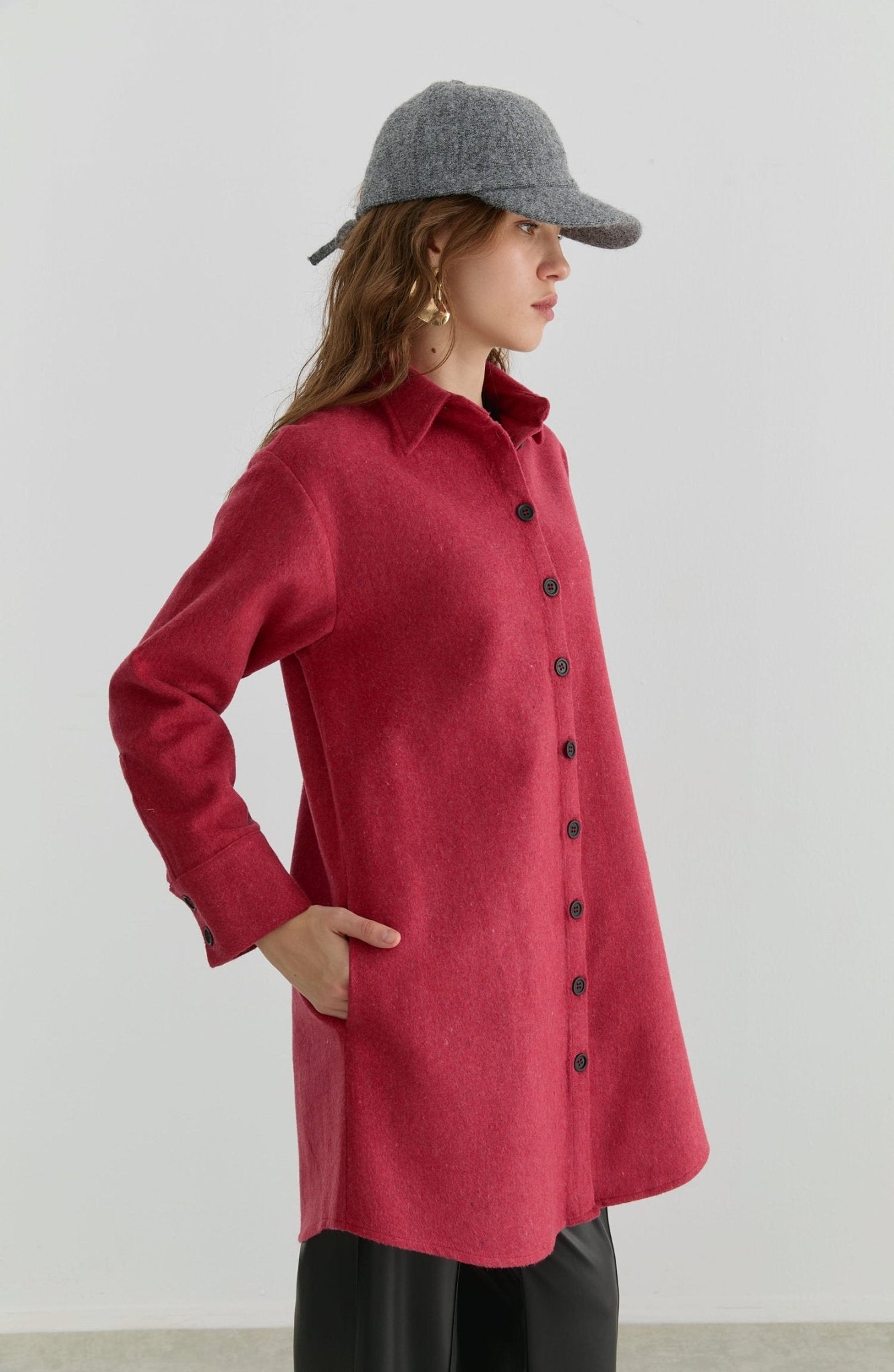 Oversize Vişne Kaşe Gömlek Ceket - Fatma Atasoy