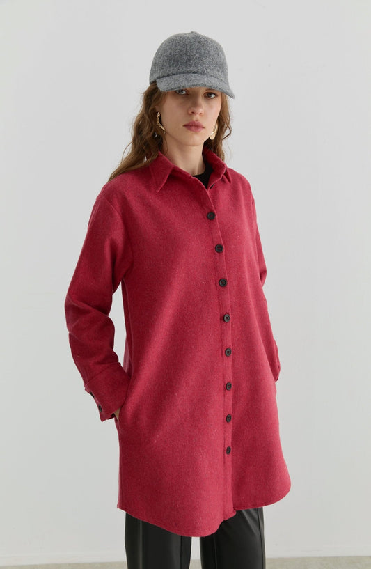 Oversize Vişne Kaşe Gömlek Ceket - Fatma Atasoy