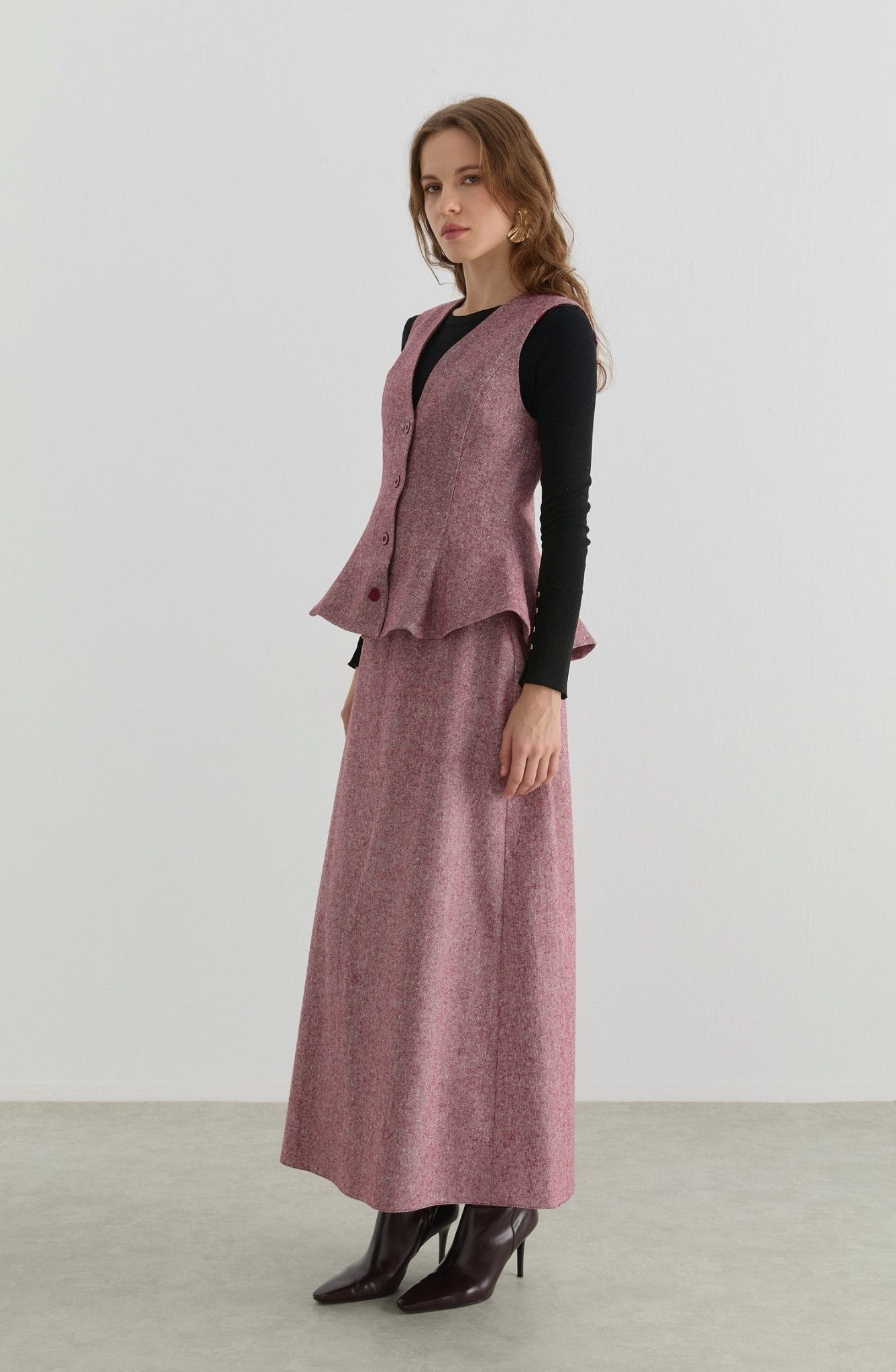 Peplumlu Bordo Tüvit Yelek Etek Takım - Fatma Atasoy