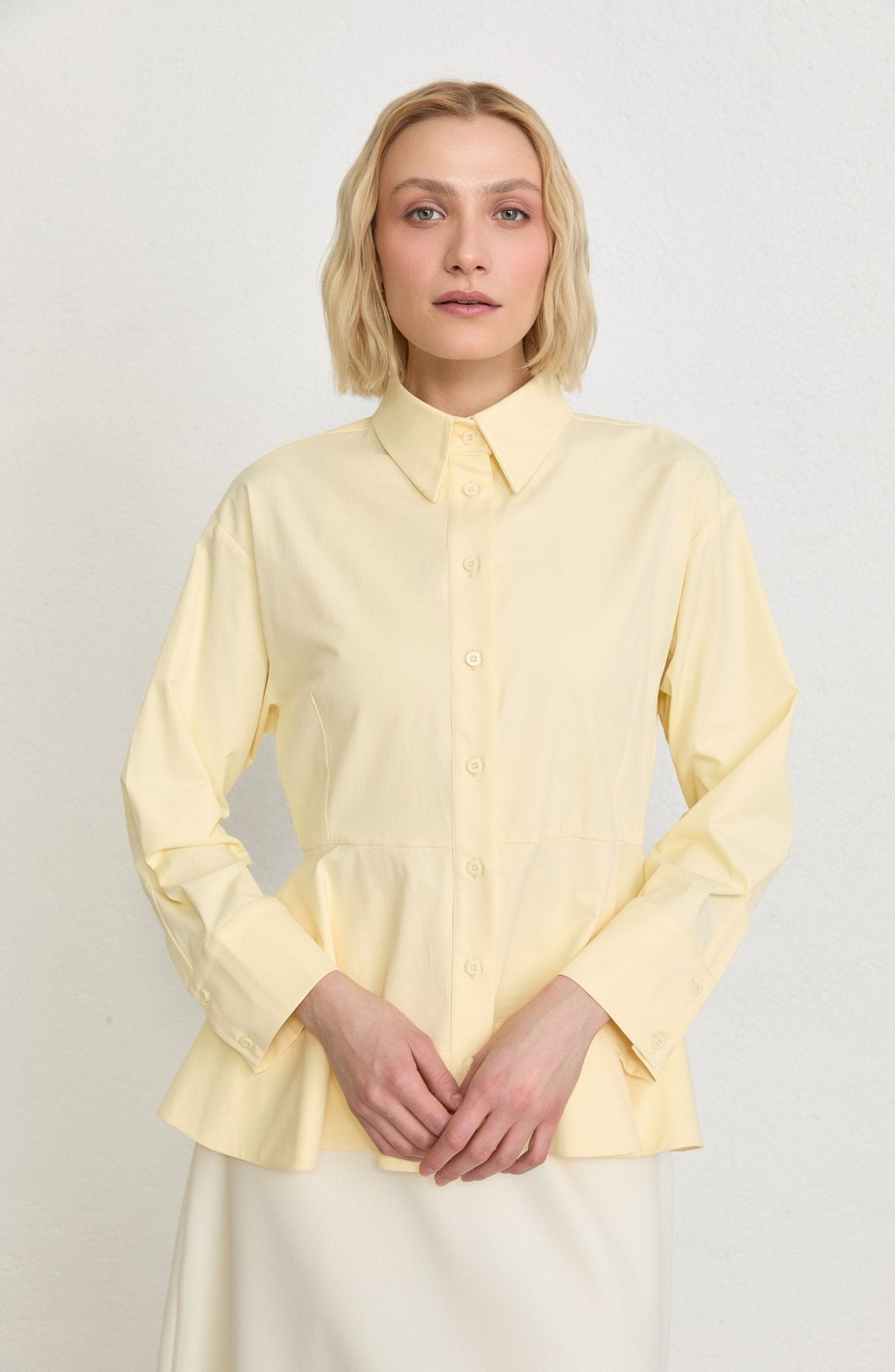Peplumlu Butter Sarı Pamuk Gömlek - Fatma Atasoy