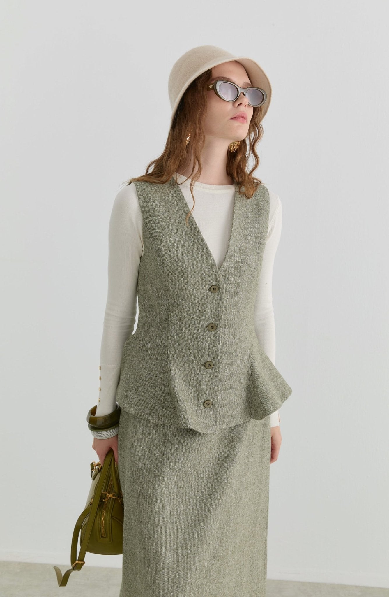 Peplumlu Haki Tüvit Yelek Etek Takım - Fatma Atasoy