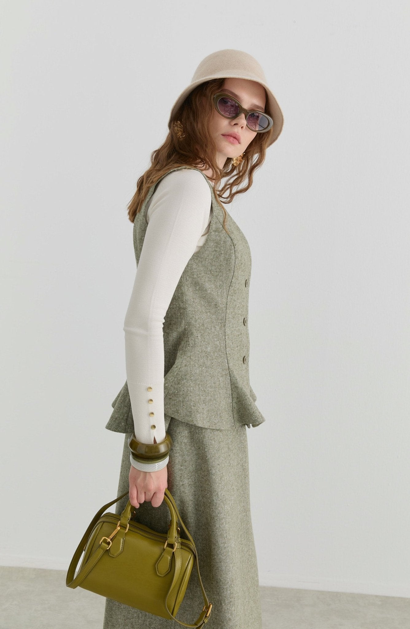 Peplumlu Haki Tüvit Yelek Etek Takım - Fatma Atasoy