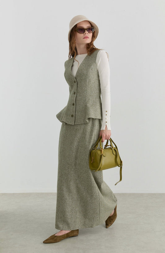Peplumlu Haki Tüvit Yelek Etek Takım - Fatma Atasoy