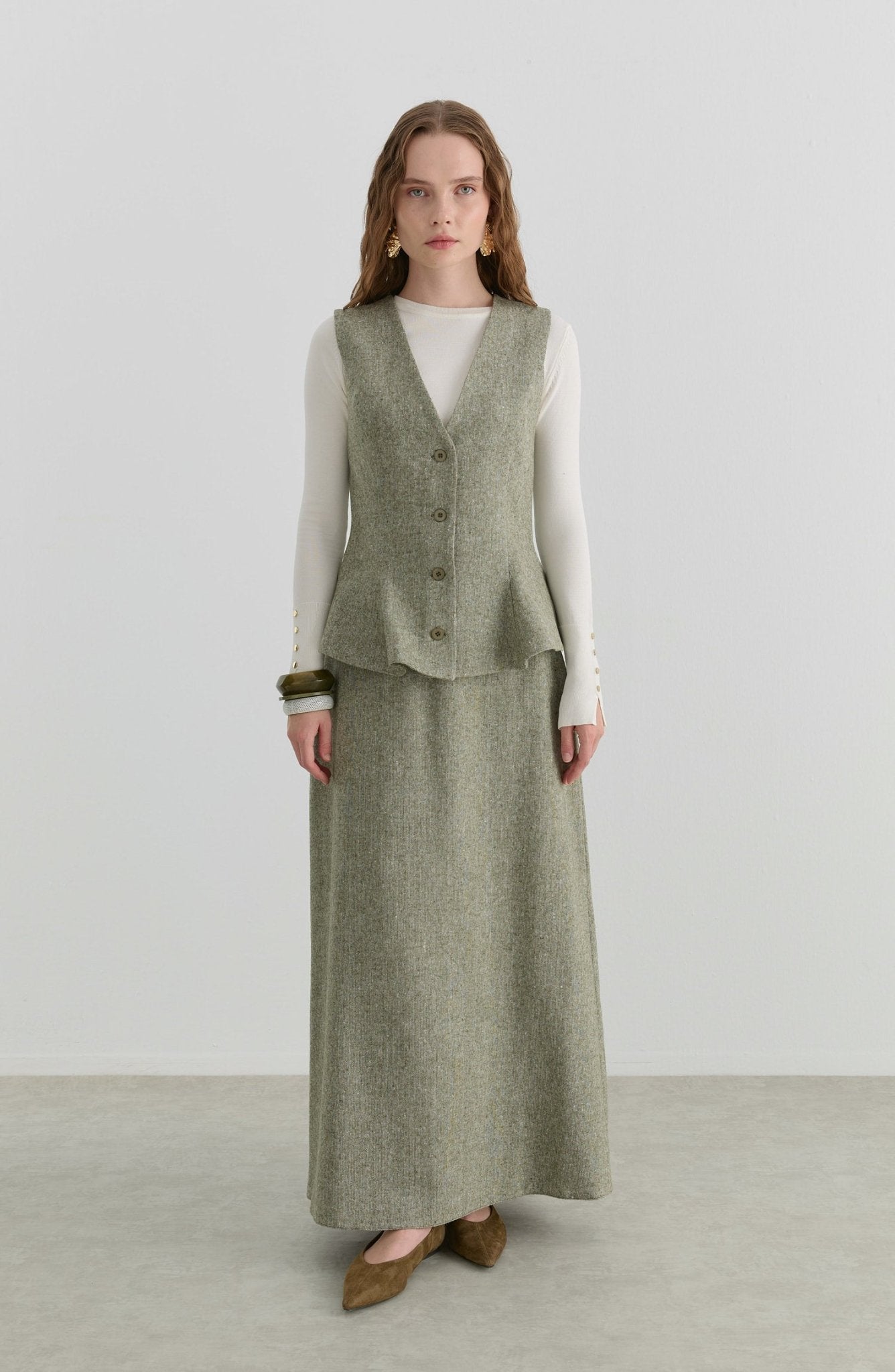 Peplumlu Haki Tüvit Yelek Etek Takım - Fatma Atasoy