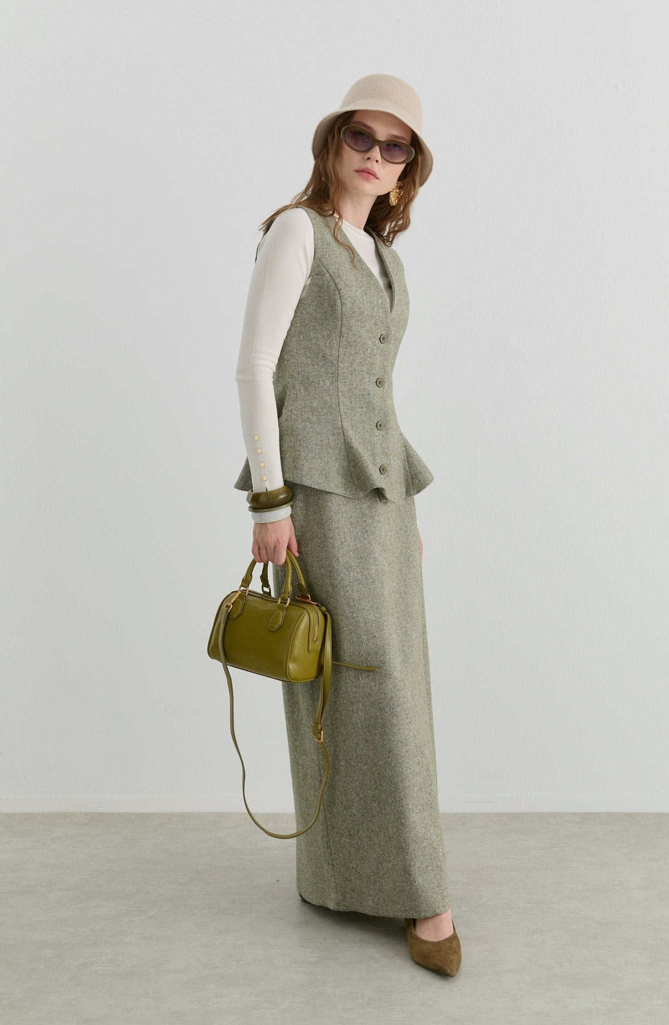 Peplumlu Haki Tüvit Yelek Etek Takım - Fatma Atasoy