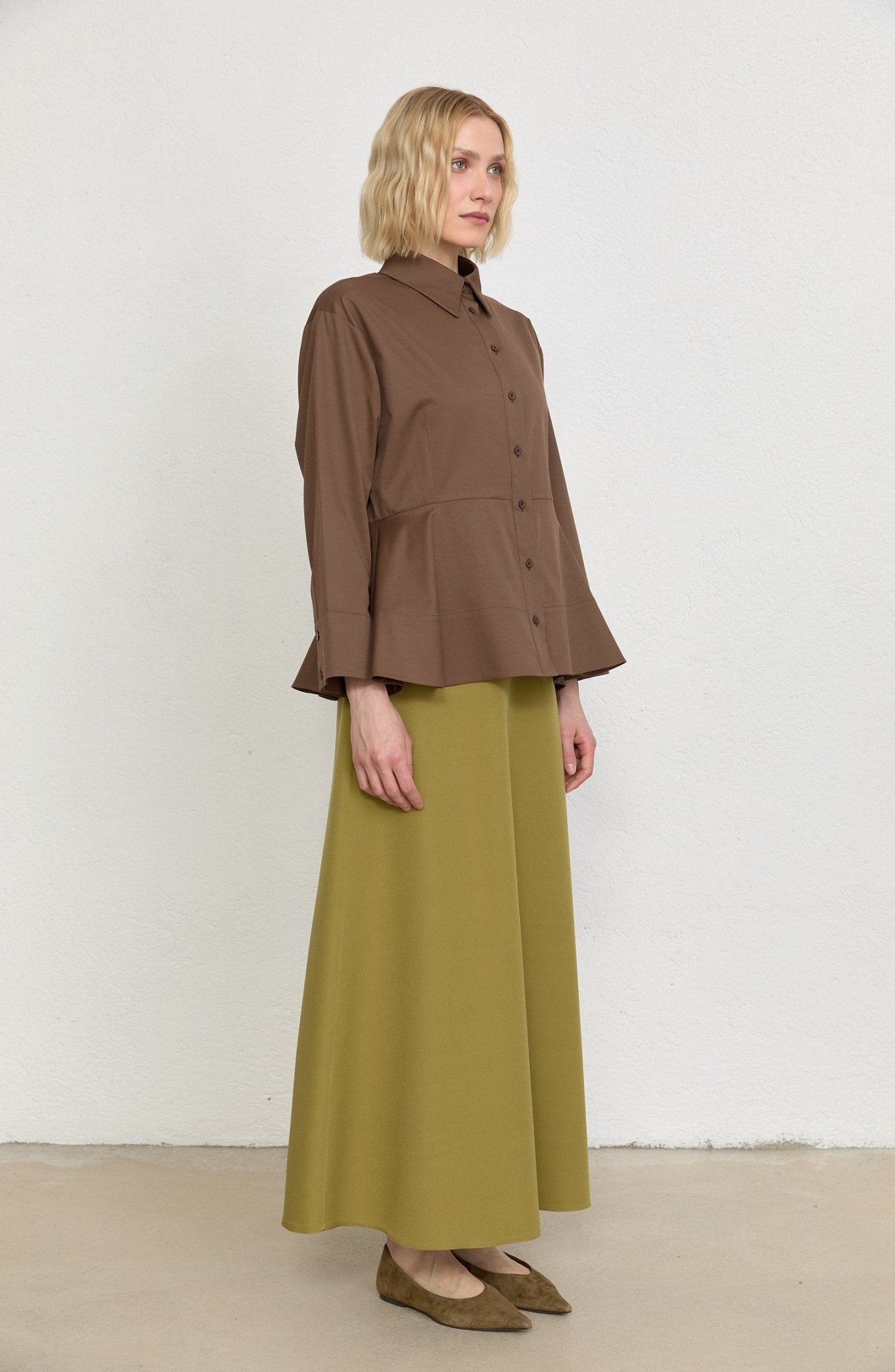 Peplumlu Kahverengi Pamuk Gömlek - Fatma Atasoy