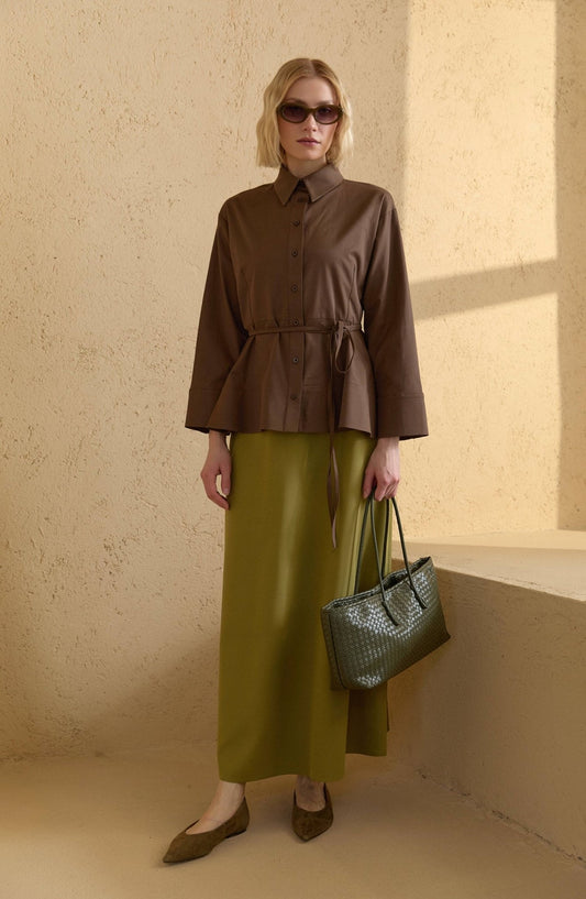 Peplumlu Kahverengi Pamuk Gömlek - Fatma Atasoy