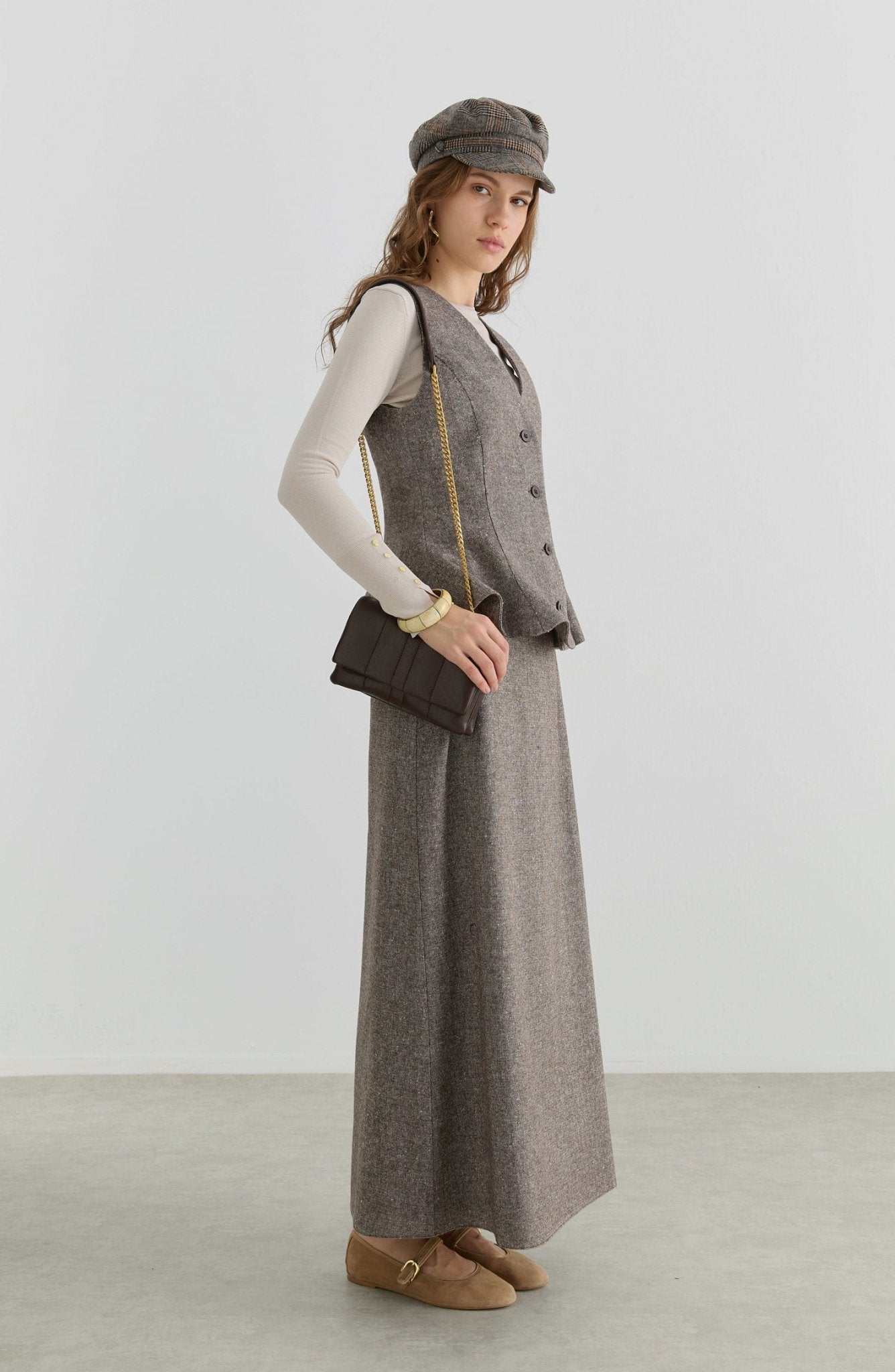 Peplumlu Kahverengi Tüvit Yelek Etek Takım - Fatma Atasoy