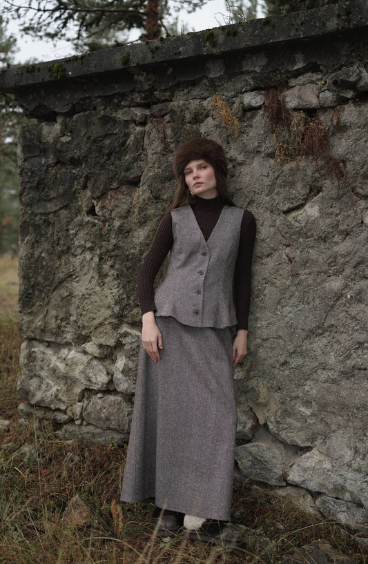 Peplumlu Kahverengi Tüvit Yelek Etek Takım - Fatma Atasoy