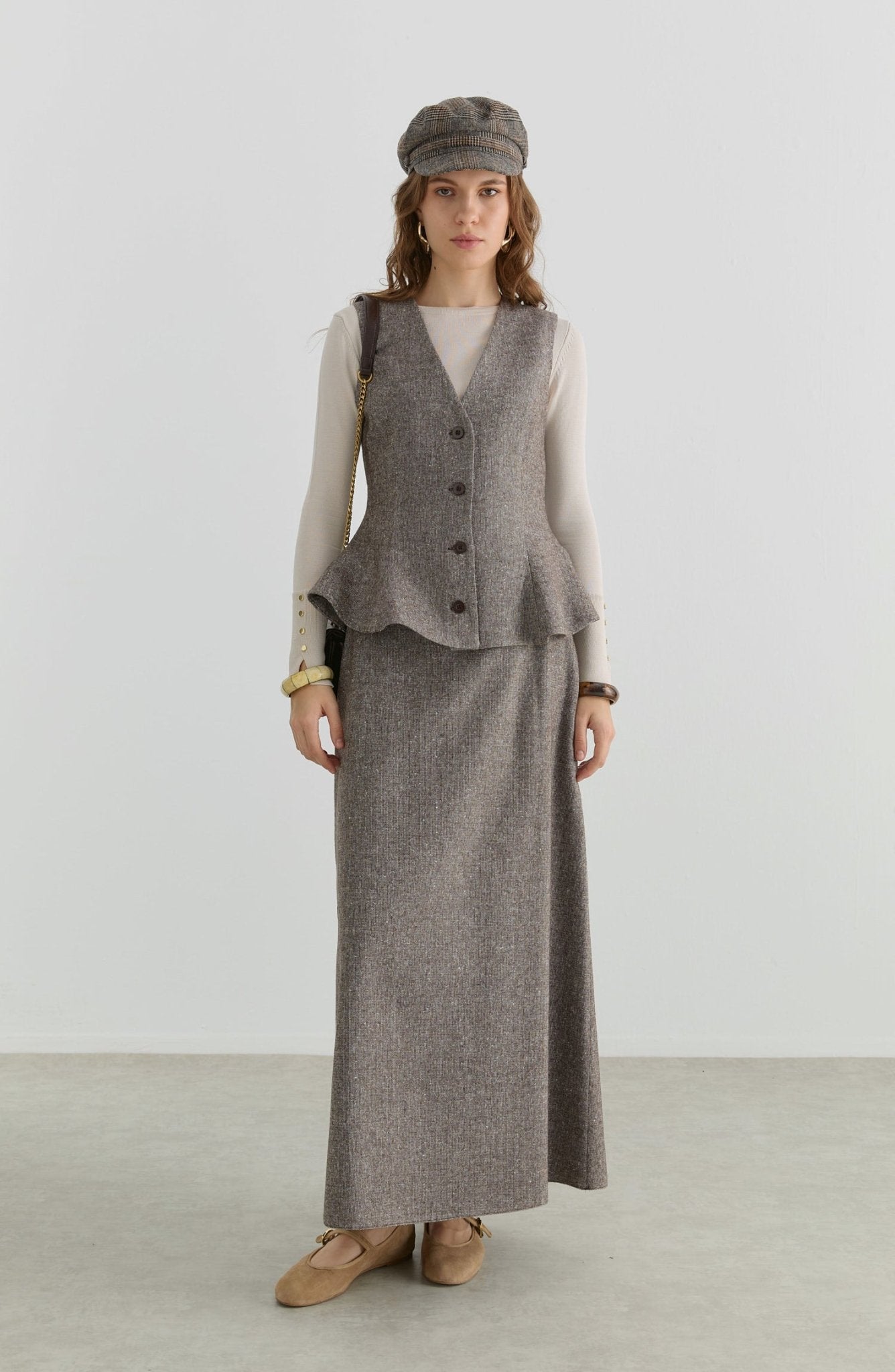 Peplumlu Kahverengi Tüvit Yelek Etek Takım - Fatma Atasoy