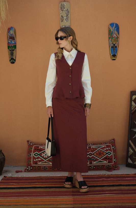Peplumlu Keten Bordo Yelek Etek Takım - Fatma Atasoy