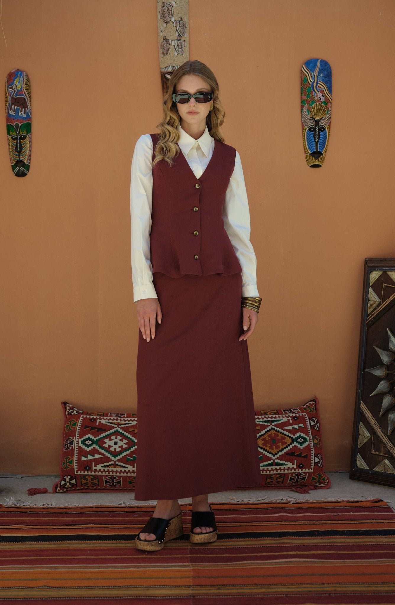 Peplumlu Keten Bordo Yelek Etek Takım - Fatma Atasoy