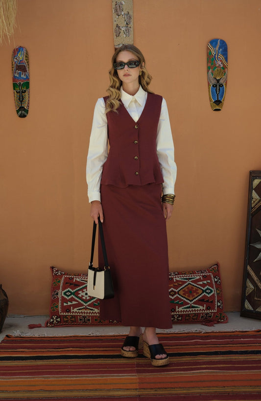 Peplumlu Keten Bordo Yelek Etek Takım - Fatma Atasoy
