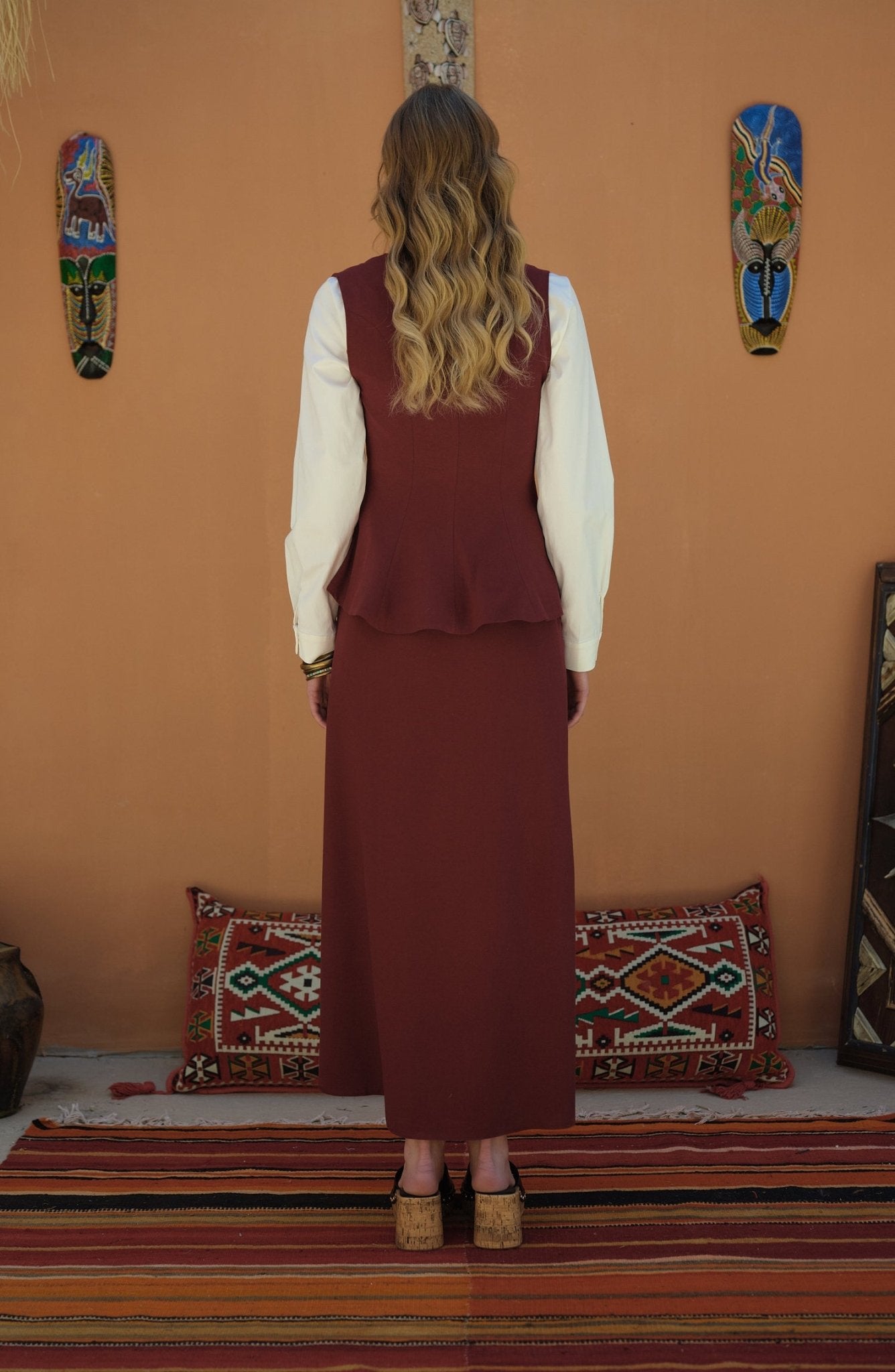 Peplumlu Keten Bordo Yelek Etek Takım - Fatma Atasoy