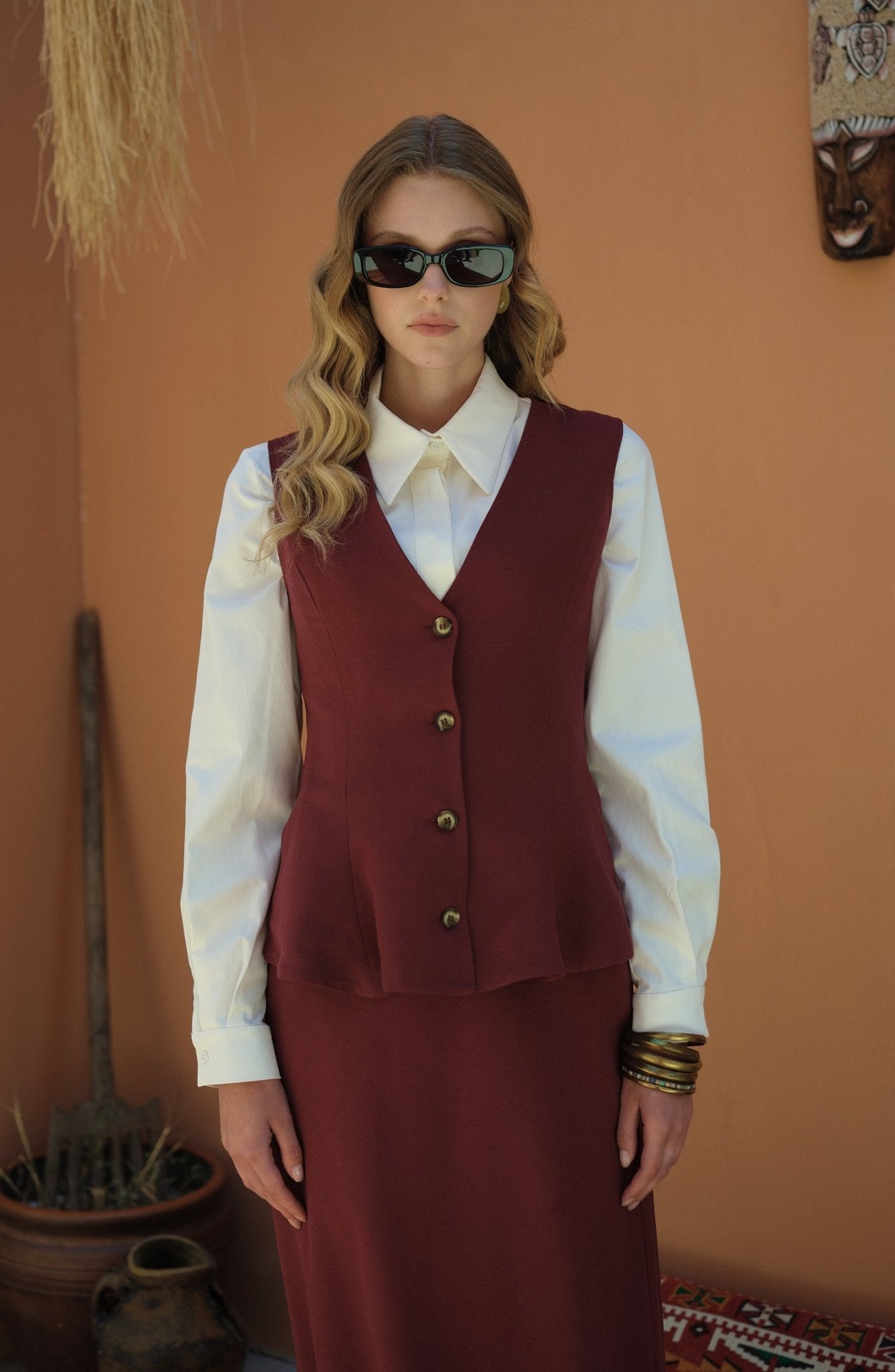 Peplumlu Keten Bordo Yelek Etek Takım - Fatma Atasoy