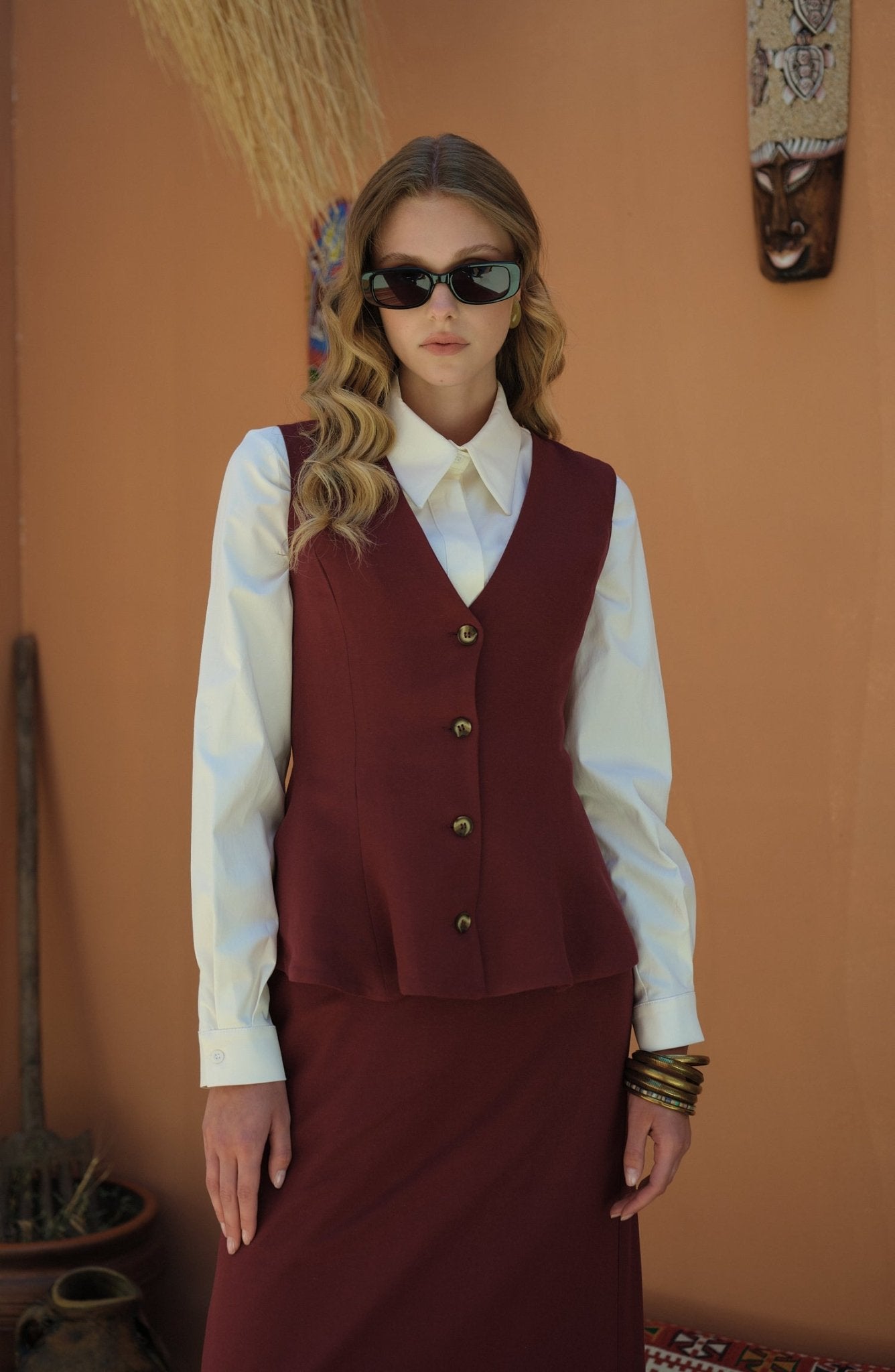 Peplumlu Keten Bordo Yelek Etek Takım - Fatma Atasoy