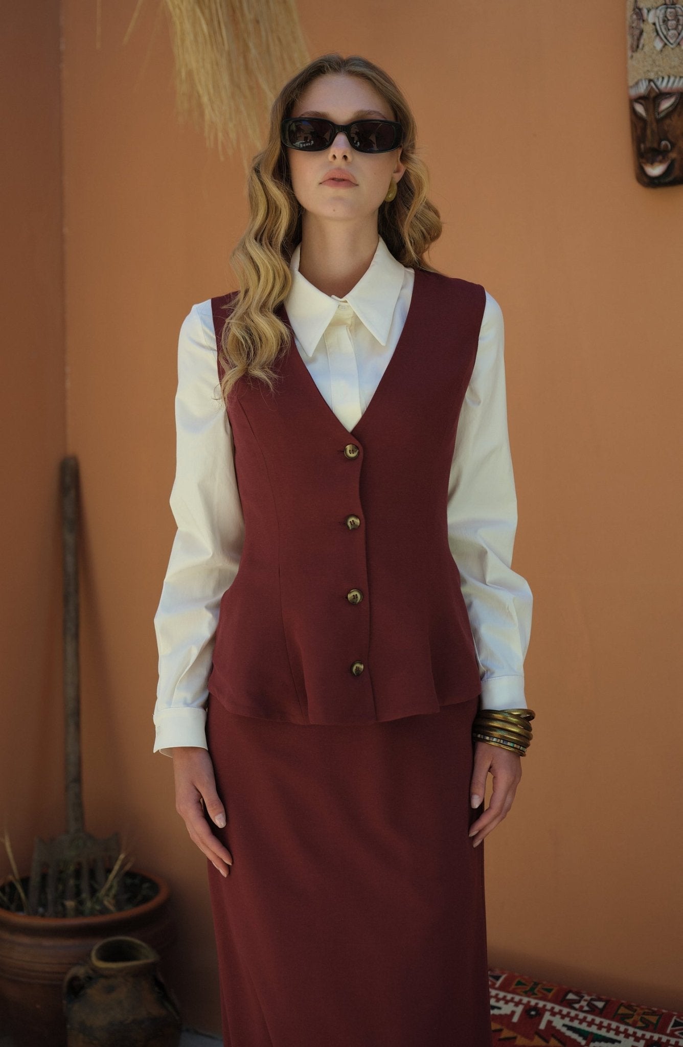 Peplumlu Keten Bordo Yelek Etek Takım - Fatma Atasoy