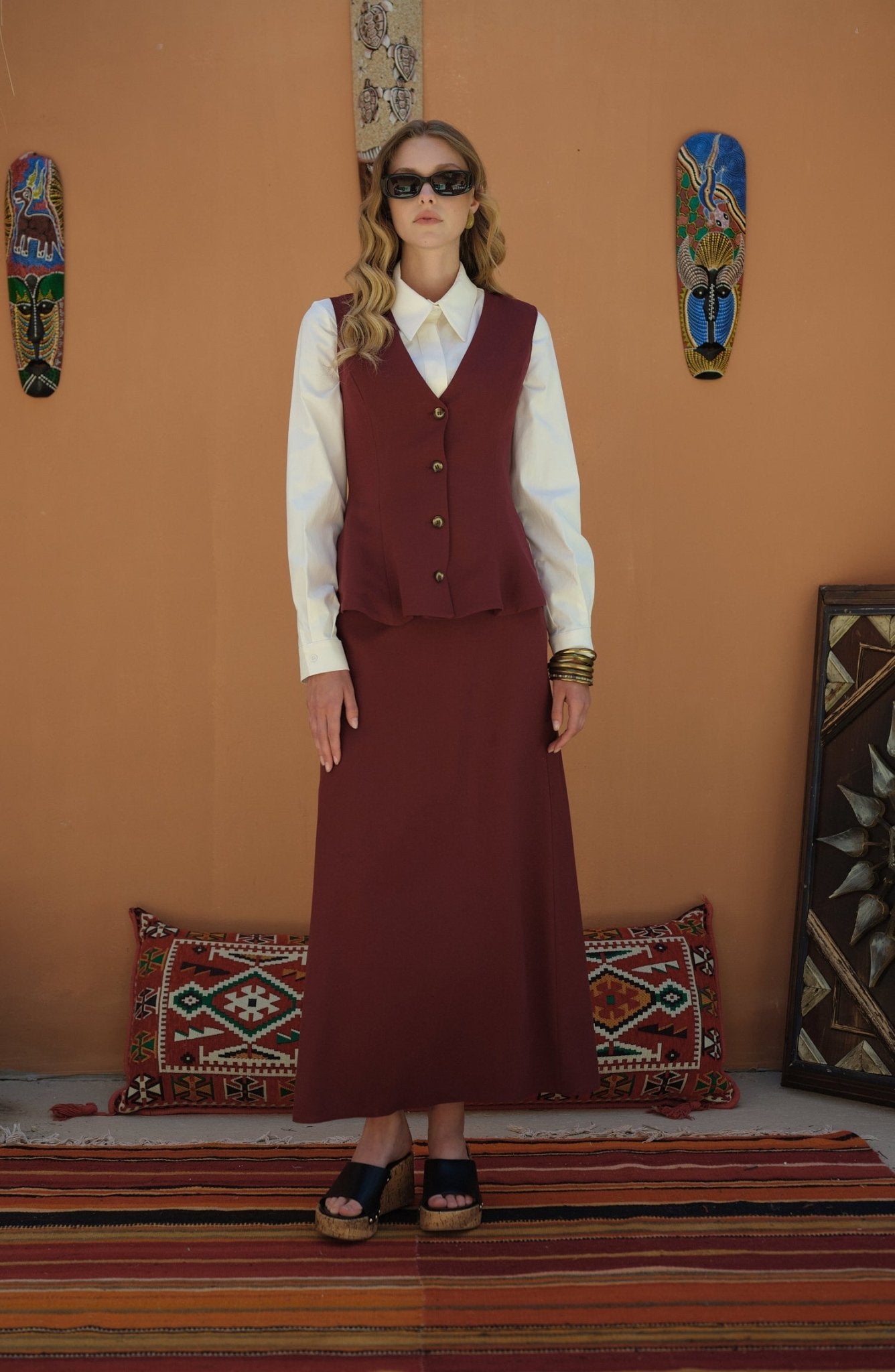 Peplumlu Keten Bordo Yelek Etek Takım - Fatma Atasoy