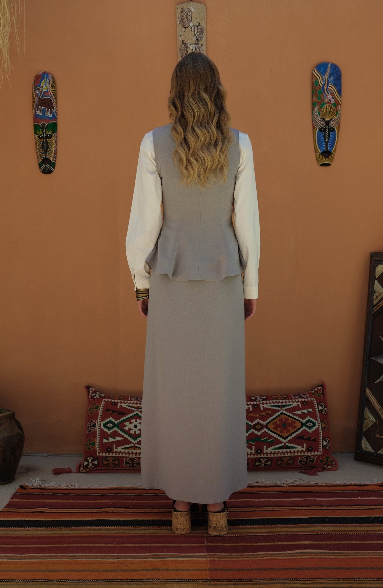 Peplumlu Keten Gri Yelek Etek Takım - Fatma Atasoy